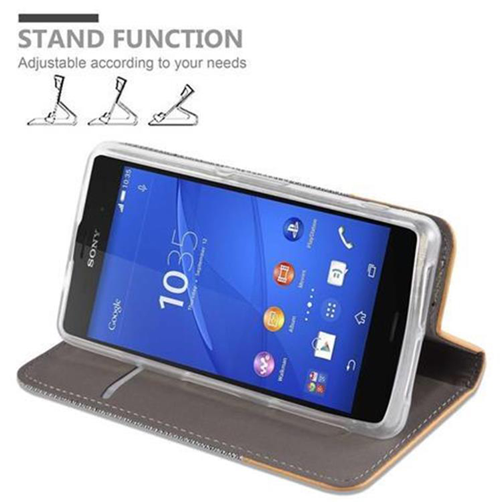 Un telefono in una custodia, aperto e mostrato con una funzione di supporto. Lo schermo del telefono mostra uno sfondo blu.