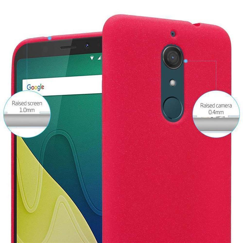 Custodia rossa per telefono che mostra i dettagli di protezione dello schermo e della fotocamera.