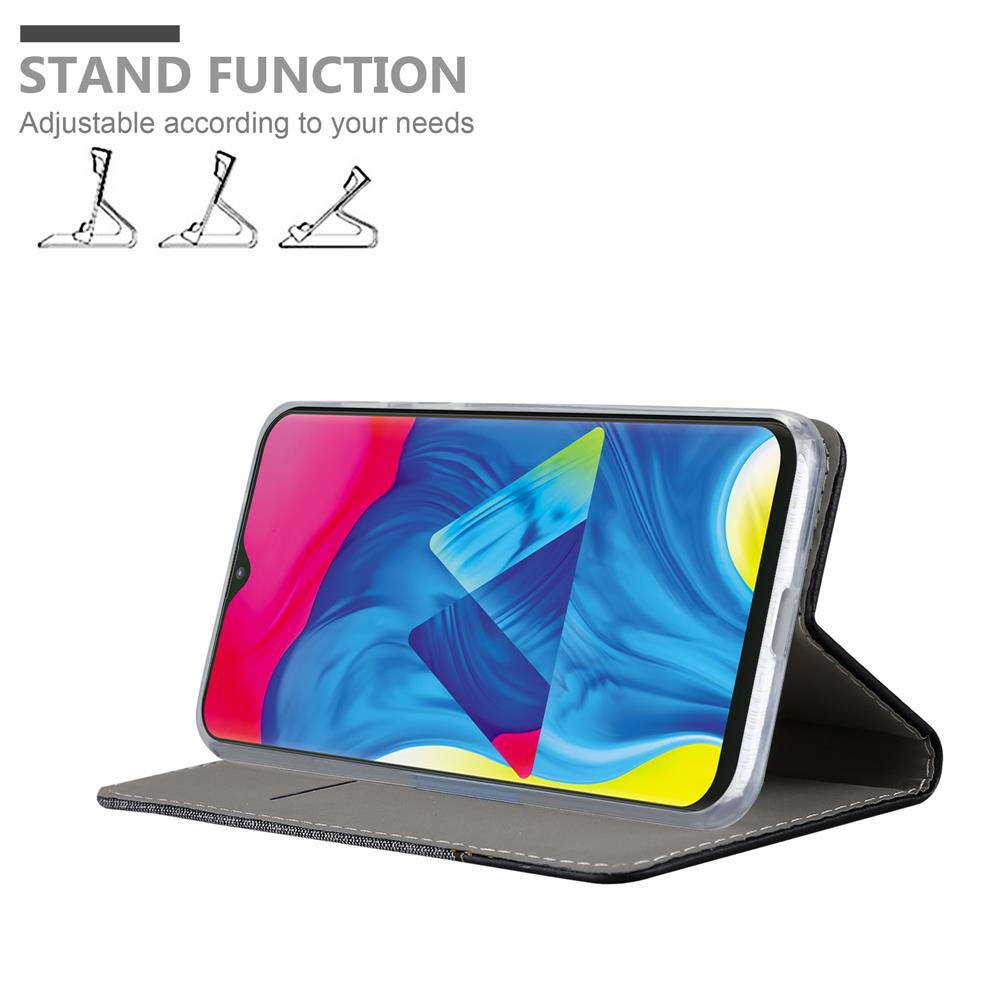 Ein Telefon in einem Etui steht. Das Telefon zeigt einen farbenfrohen Hintergrund. Es gibt 3 Symbole für die Standfunktion.