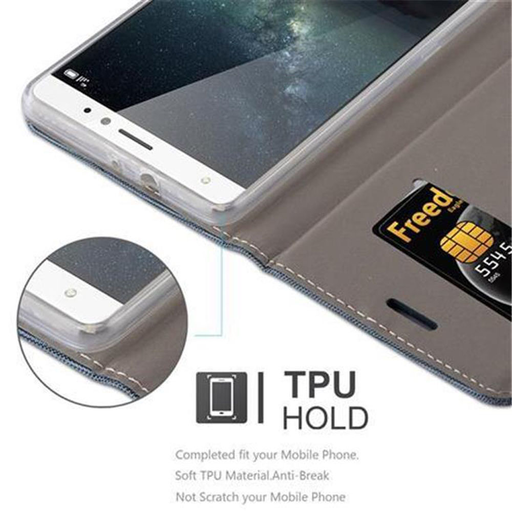 Ein Telefon in einer grauen Hülle mit einer Kreditkarte in einem Schlitz. Text unten sagt: TPU-Halterung. Perfekte Passform für Ihr Mobiltelefon.