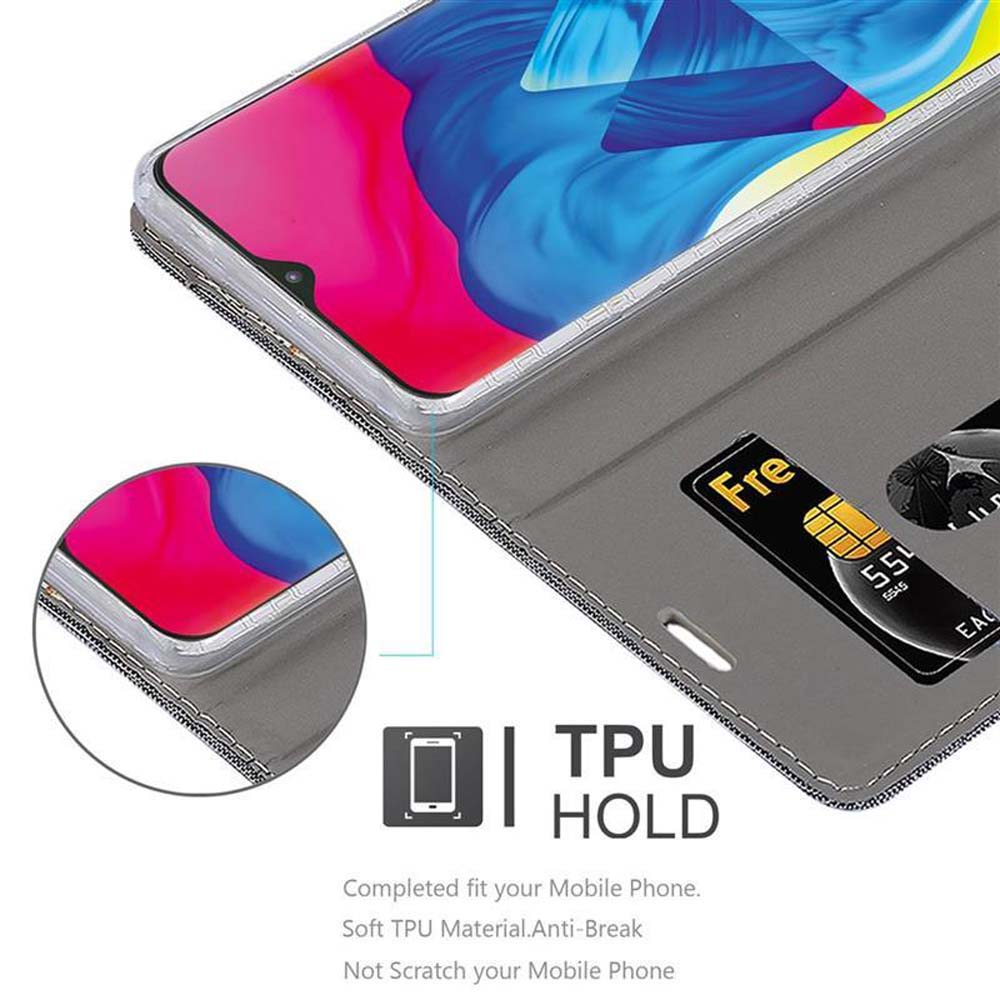 Handyhülle mit Kartenfächern, Telefonbildschirm zeigt Apps. Grauer Hintergrund.