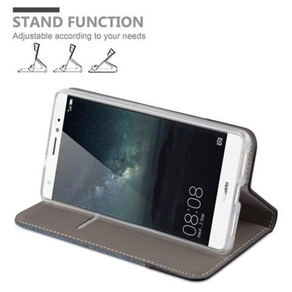 Telefon in grauem Etui hochgeklappt. Text sagt Standfunktion. Standfunktionssymbole werden angezeigt.