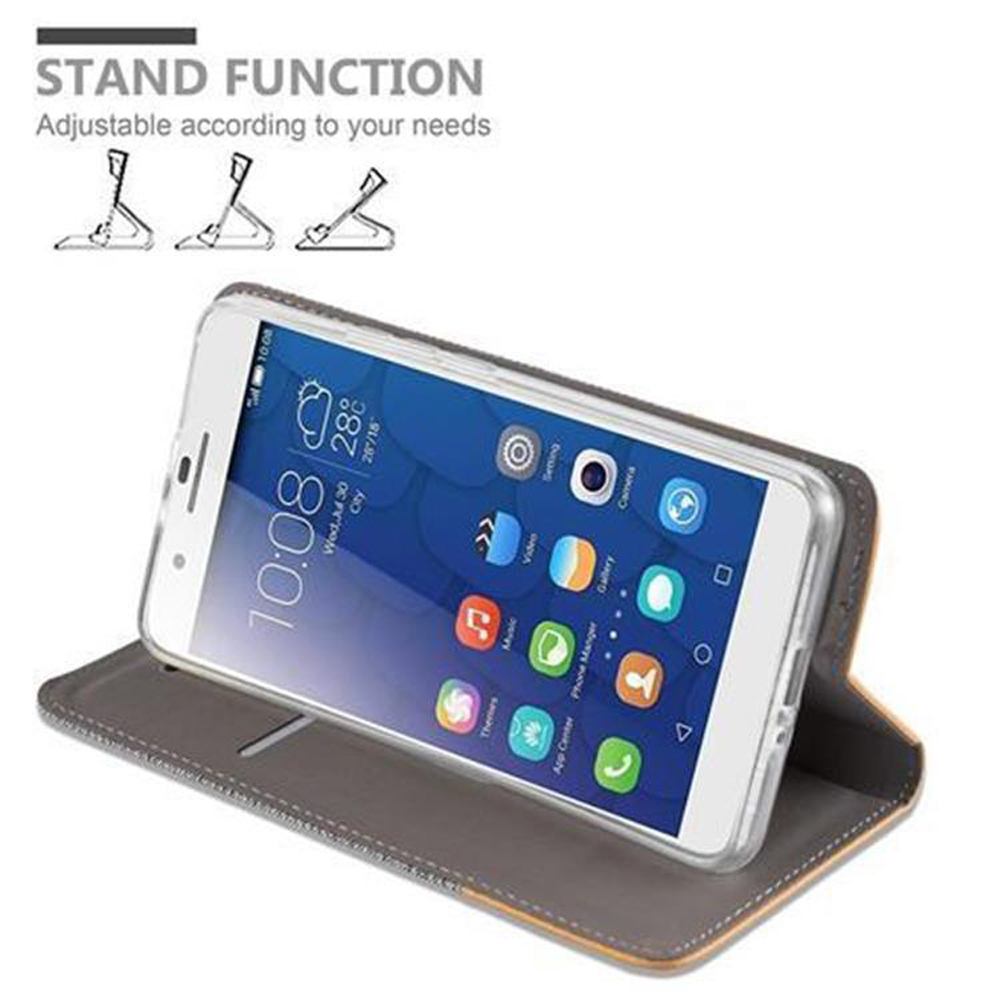 Custodia per telefono con funzione stand. Il telefono mostra l'ora e il meteo.