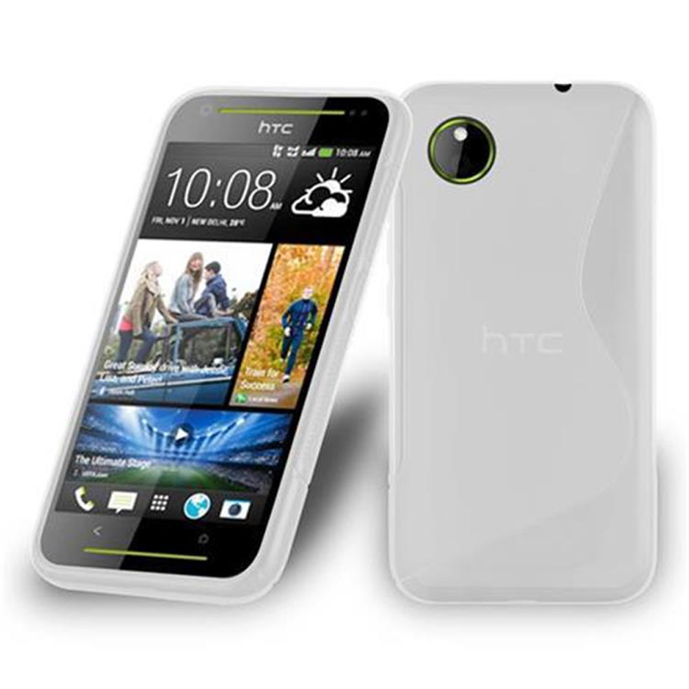 Telefono HTC bianco, con custodia bianca, che mostra un display con app.