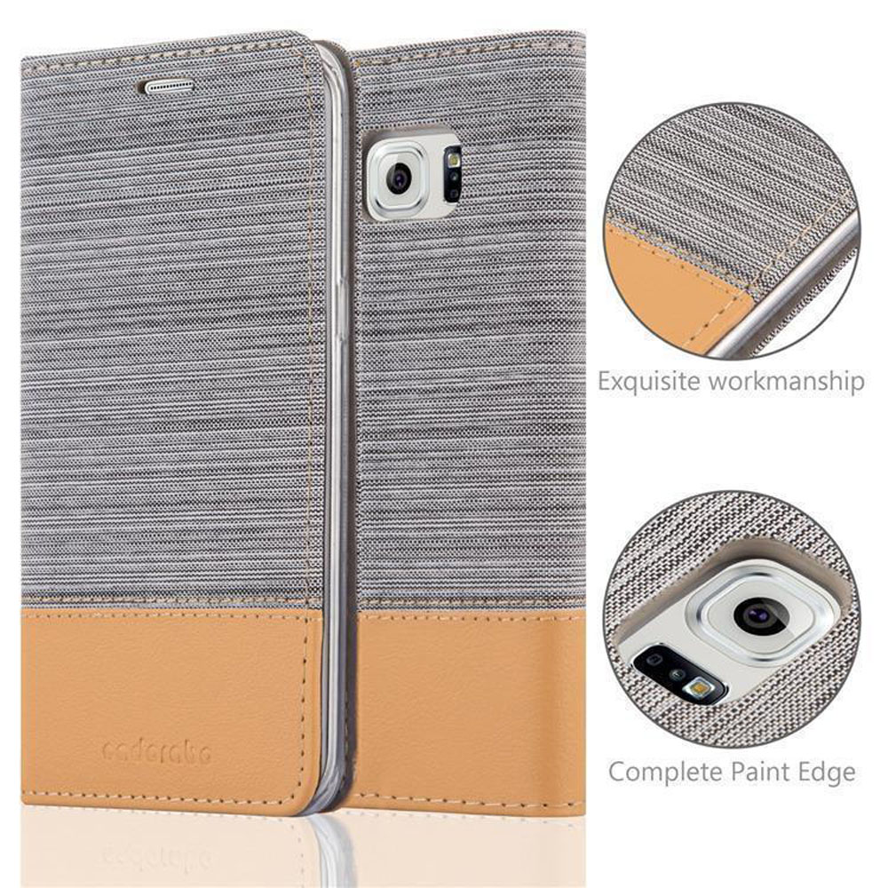 Custodia telefono aperta, mostra smartphone. Grigio e beige. Testo: Lavorazione squisita.
