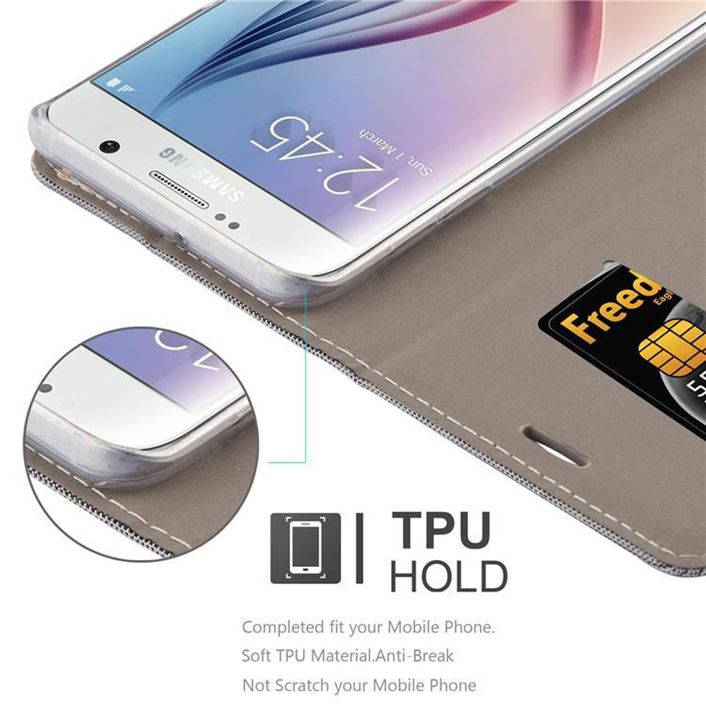 Telefono in custodia, aperto. Carta di credito nello slot. Testo sul supporto TPU.