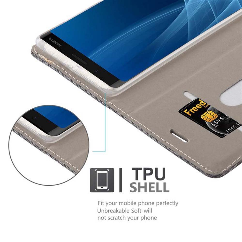 Una custodia per telefono con un telefono all'interno e una carta di credito. Sovrapposizione di testo "TPU SHELL".