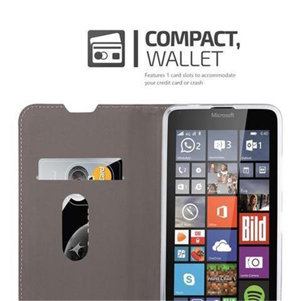 Custodia per telefono con telefono e carte, con testo: Compatto, Portafoglio. Sfondo grigio.