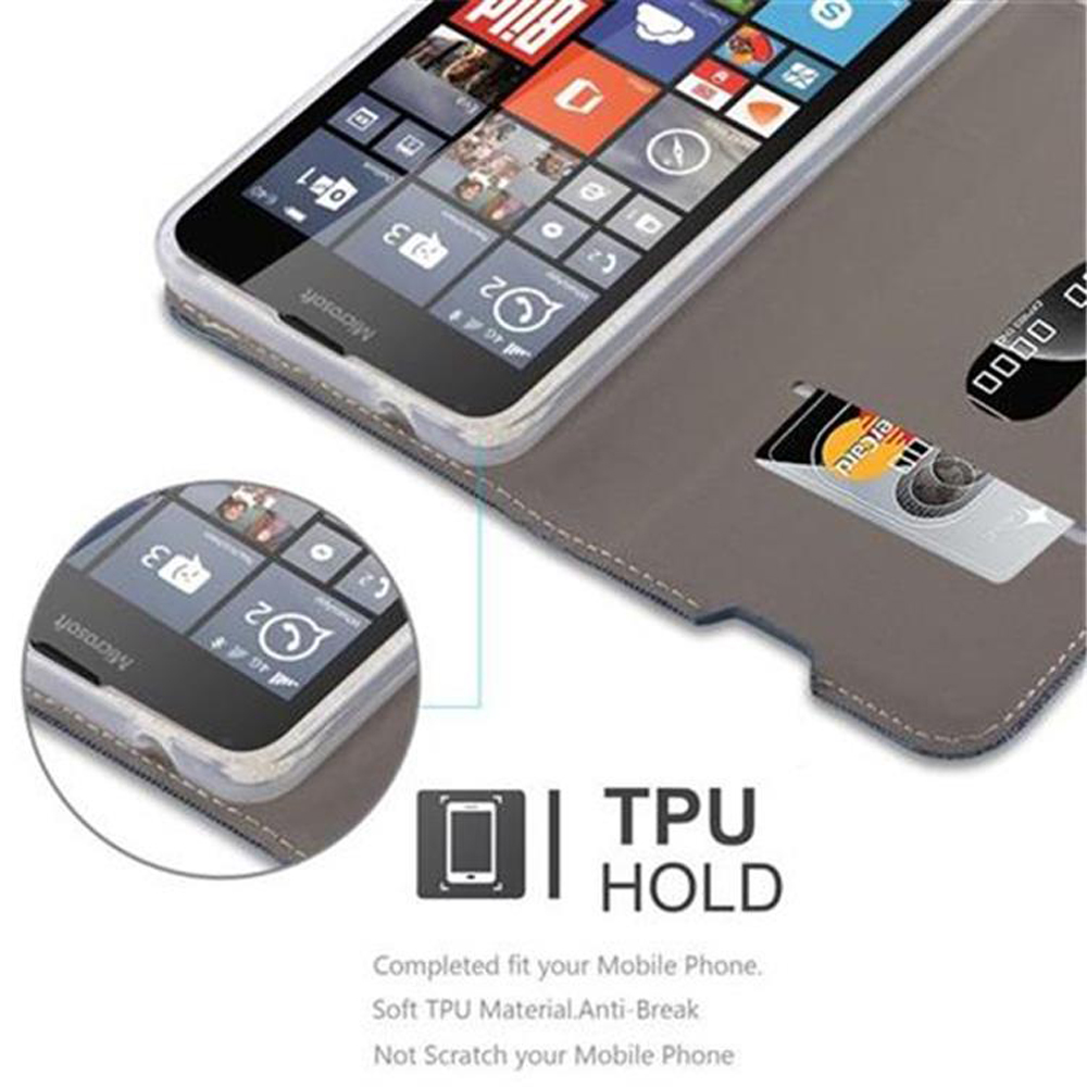 Telefono in custodia, schermo mostra icone. Testo: TPU HOLD. Adattamento perfetto. Materiale TPU morbido.