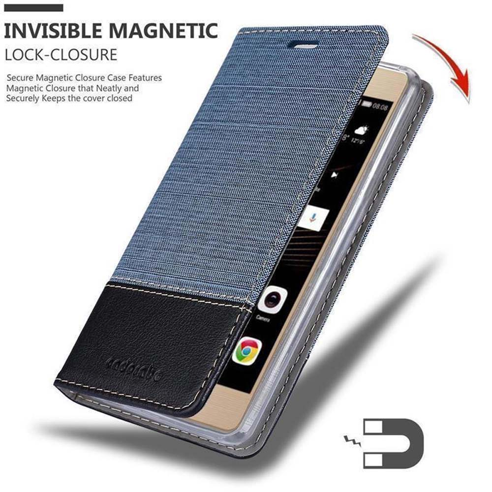 Telefono in custodia con design in denim. La custodia ha una chiusura magnetica.
