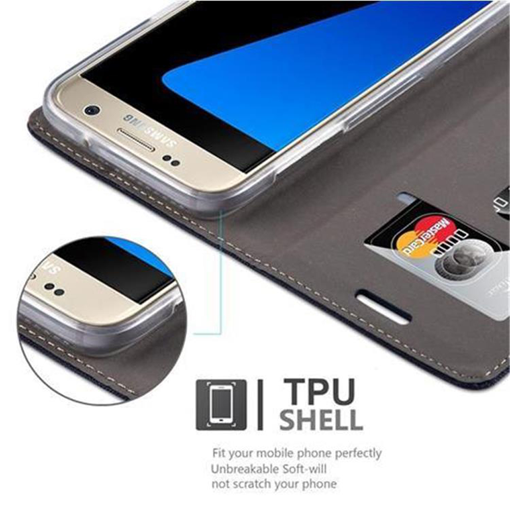 Un telefono dentro una custodia con una carta di credito e un logo Samsung.