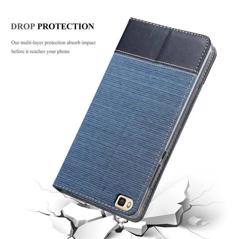 Custodia blu per telefono su superficie bianca. Testo 'Drop Protection', con crepe sotto.