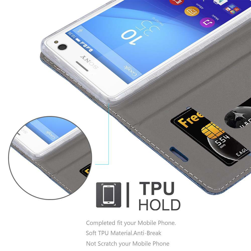 Custodia aperta con un telefono all'interno. Testo di tenuta in TPU. Carta e schermo del telefono visibili. Marchio Sony.