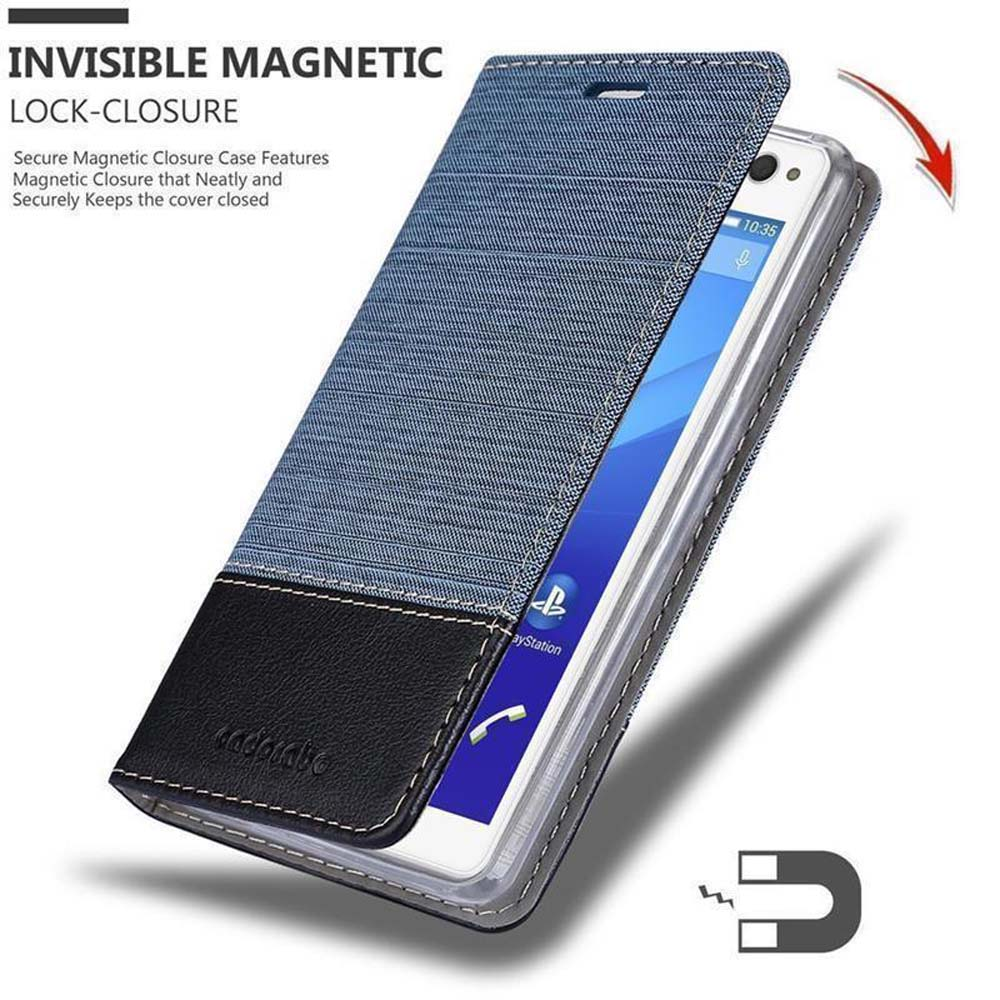 Telefono in custodia a portafoglio. Testo: 'INVISIBLE MAGNETIC LOCK-CLOSURE'.