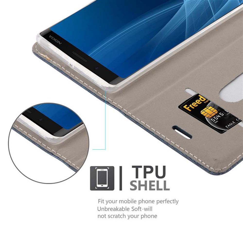 Telefono in un caso. Il telefono è in un caso. TPU shell è scritto in basso.