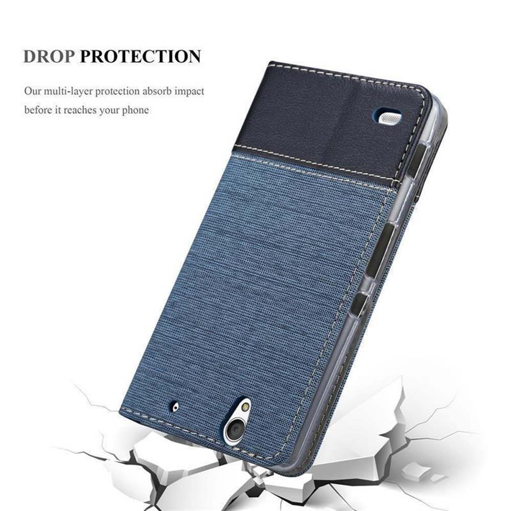 Custodia blu per telefono con parte superiore nera, su sfondo bianco, crepe indicano l'impatto.