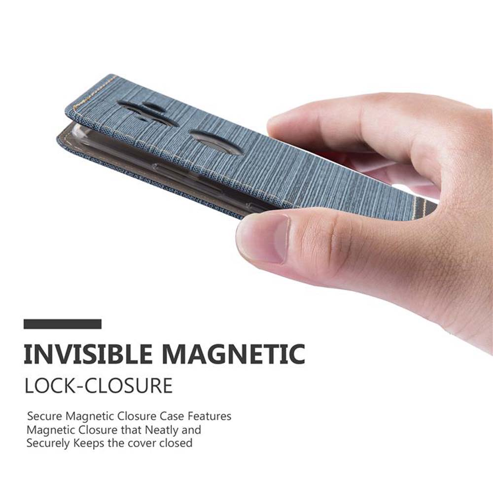 Una mano che tiene una custodia per telefono. Il testo recita 'Chiusura magnetica invisibile'.