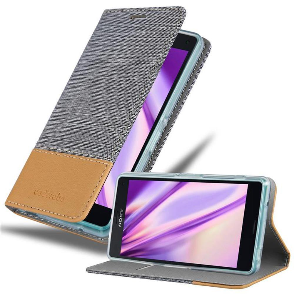 Funda de teléfono gris y marrón con teléfono dentro. Funda abierta y cerrada.