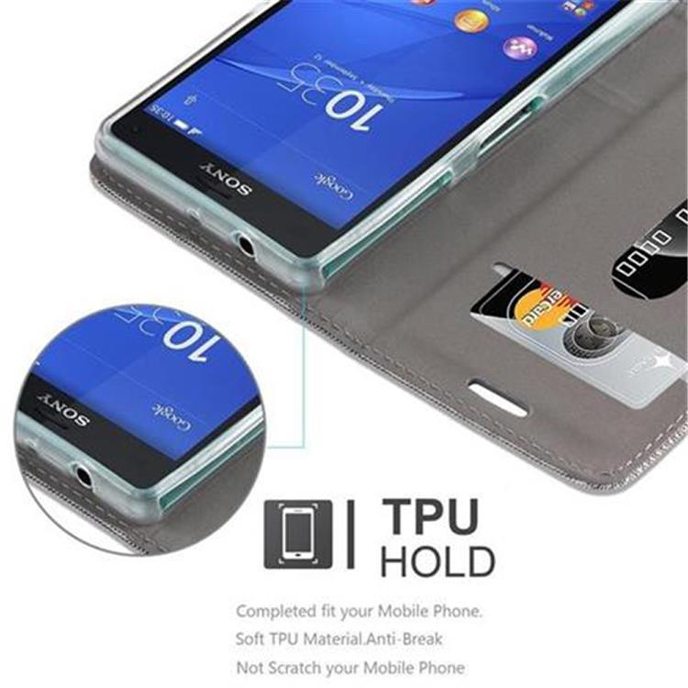 Un teléfono en una funda con ranura para tarjeta de crédito, tarjeta dentro y texto 'TPU HOLD'.