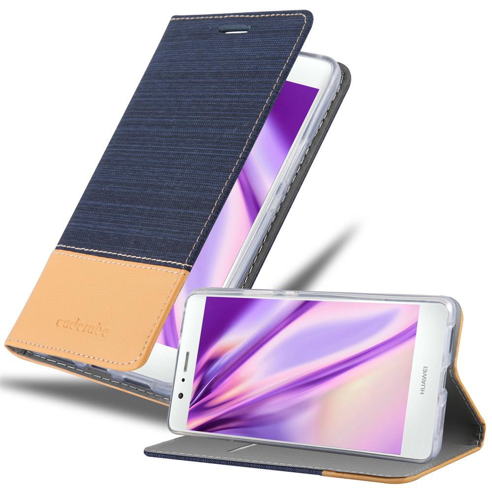 Funda azul y beige. Un teléfono con pantalla morada es visible.