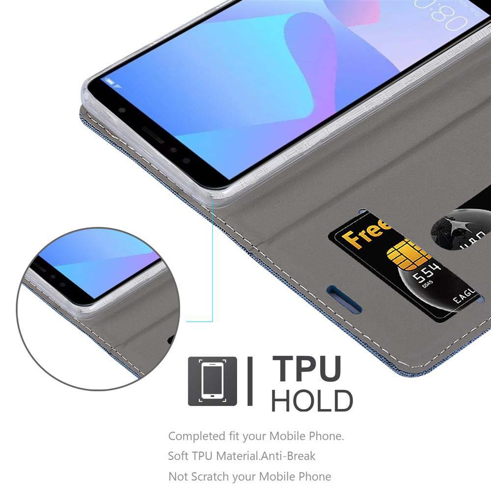 Custodia del telefono aperta. Il telefono è nella custodia. Carta di credito nello slot. Cuciture blu.