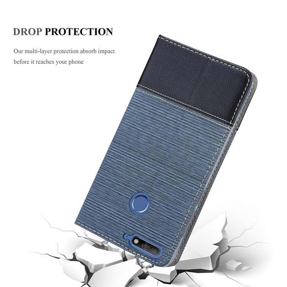 Una custodia blu con un telefono all'interno e un pavimento incrinato, che indica la protezione da caduta.