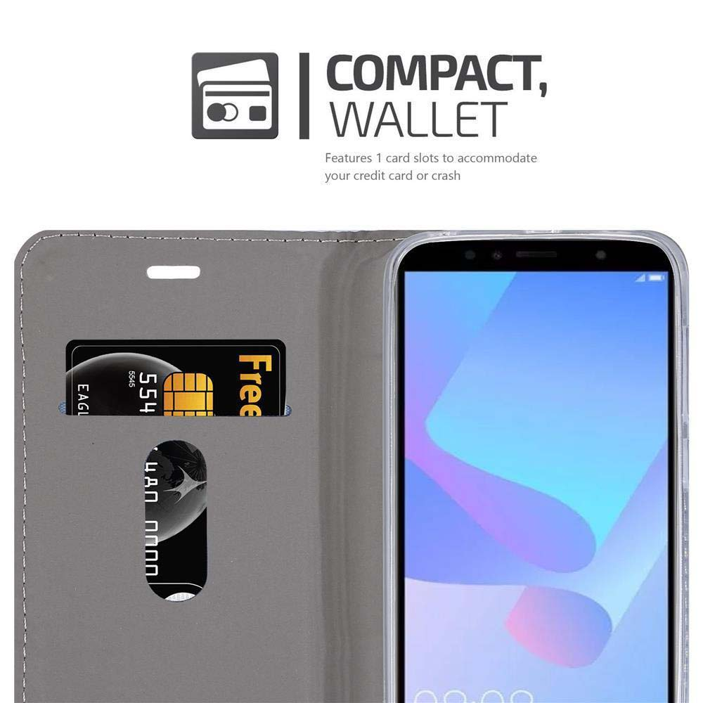 Telefono in custodia a portafoglio con fessura per carte. Testo: 'COMPACT, WALLET'.