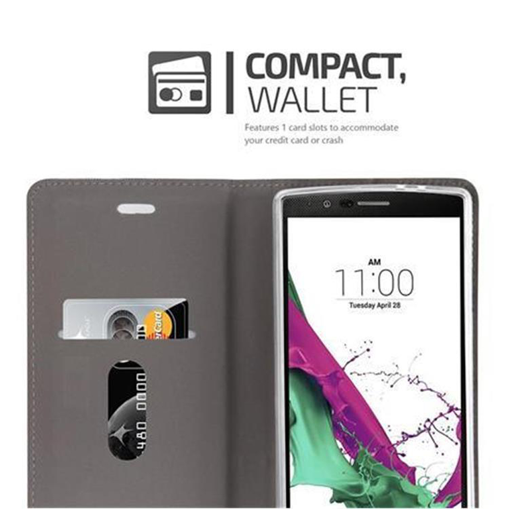 Graue Handyhülle mit Kartenfächern. Das Telefon ist darin. Text: Compact Wallet. Hintergrund: Weiß.