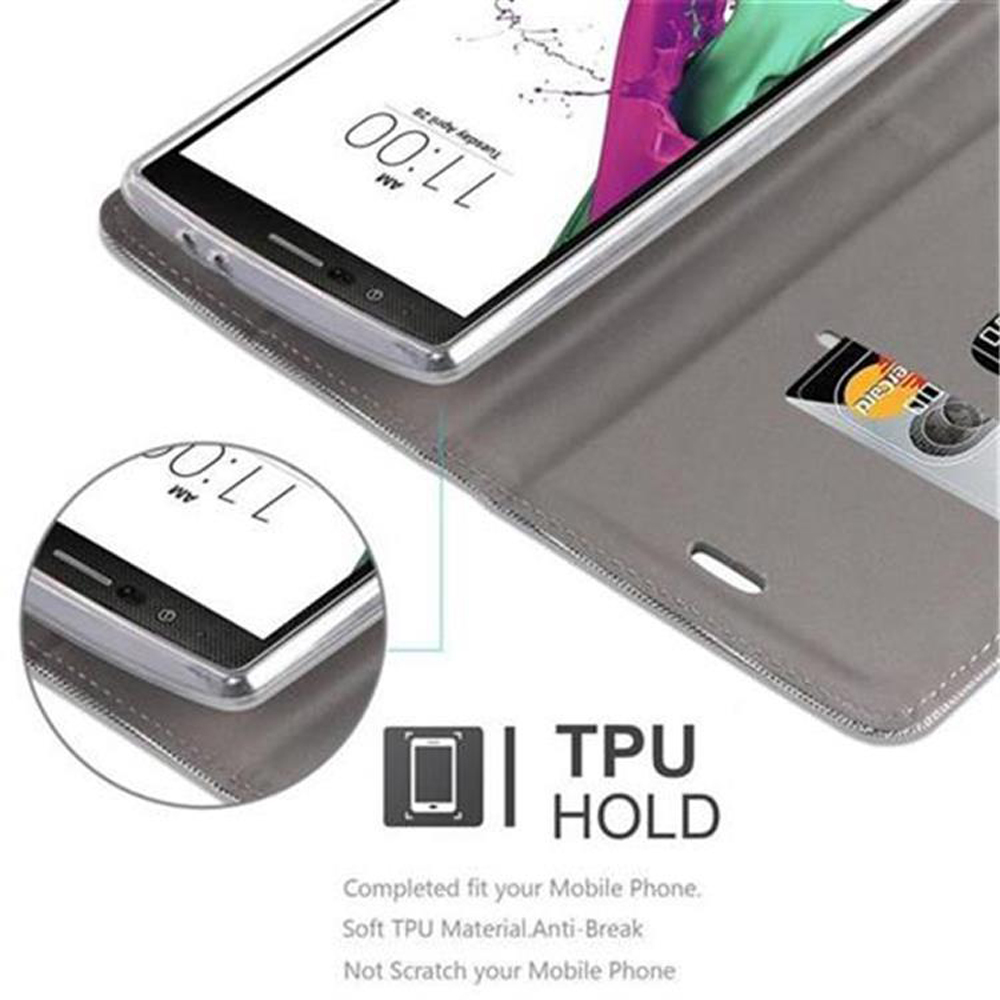 Telefon in grauem Etui mit Kreditkartenfach. Text beschriftet TPU HOLD und Details zur Passform.