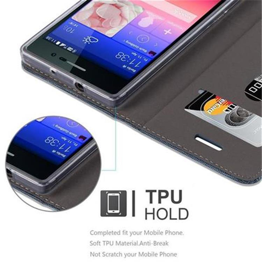 Un telefono in una custodia grigia mostra l'ora. Il testo in basso dice 'TPU HOLD' e 'Completa l'adattamento al tuo cellulare'.