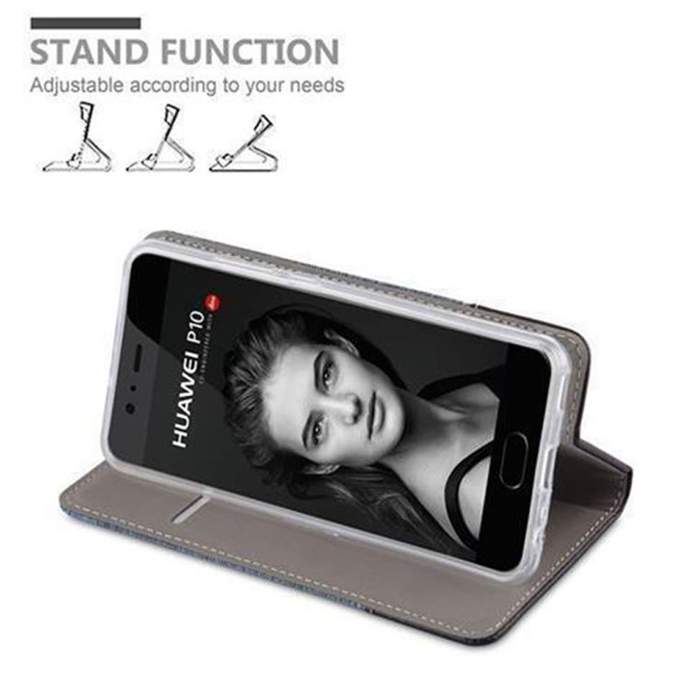 Telefon in einer grauen Hülle, als Ständer aufgestellt. Text: Standfunktion. Hintergrund: Weiß.