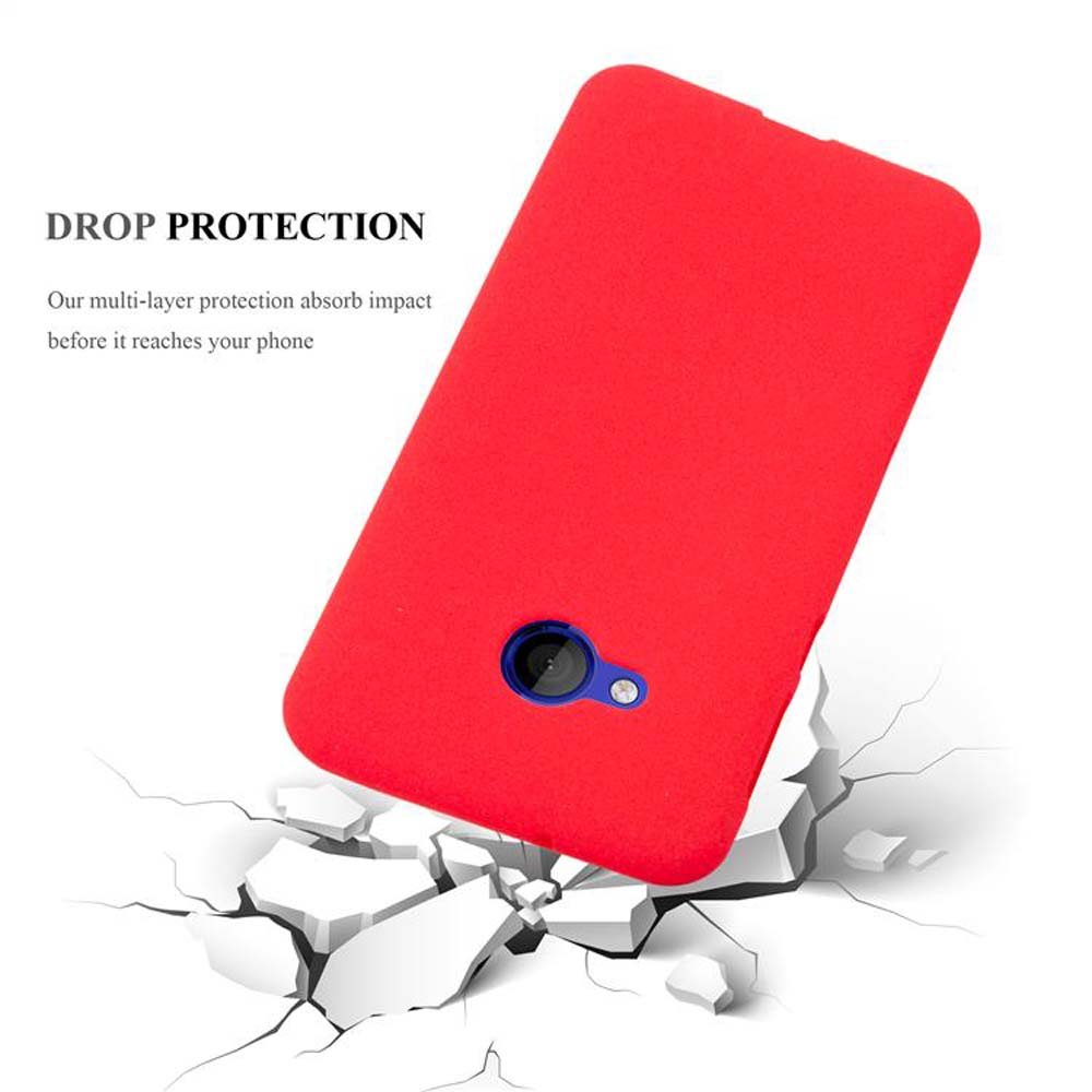 Custodia per telefono rossa angolata con testo sulla protezione dalle cadute e terreno bianco rotto.
