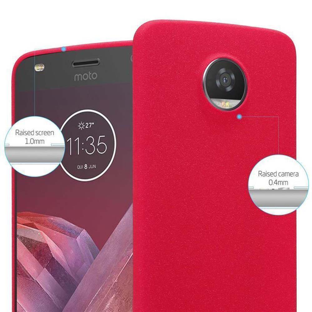 Funda roja para teléfono. Teléfono dentro, mostrando la pantalla. Texto: Pantalla elevada 1,0 mm, Cámara elevada 0,4 mm.