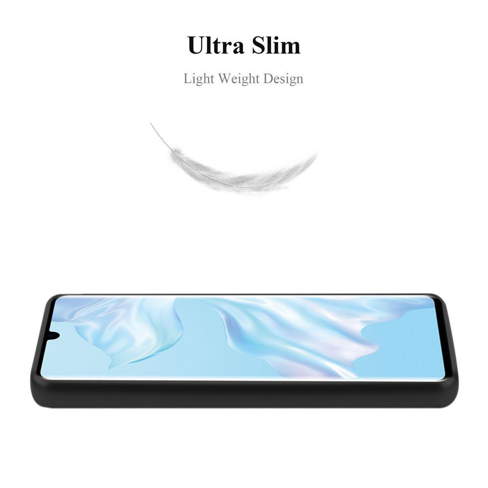 Una custodia nera con un telefono all'interno. Caratteristiche: Ultra Slim, Design leggero. Una piuma fluttua sopra.