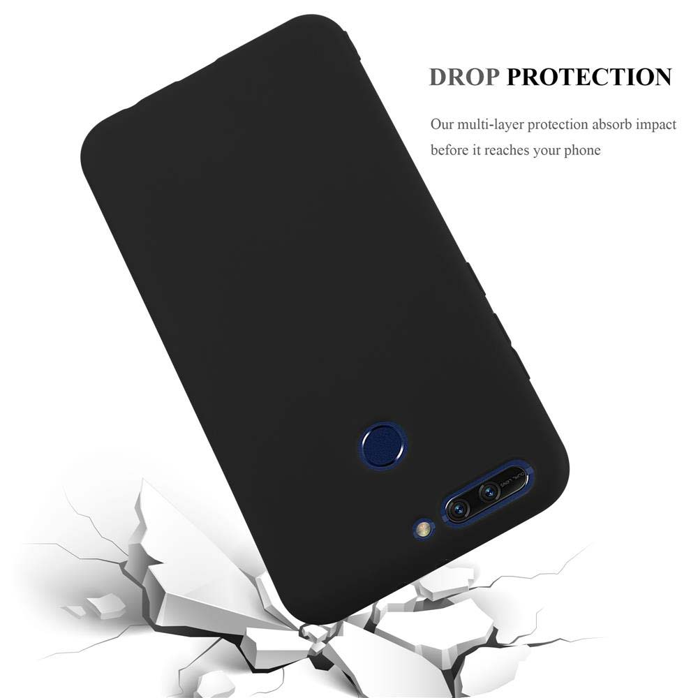 Una custodia per telefono nera che cade, incrinando la superficie. Testo: "DROP PROTECTION".
