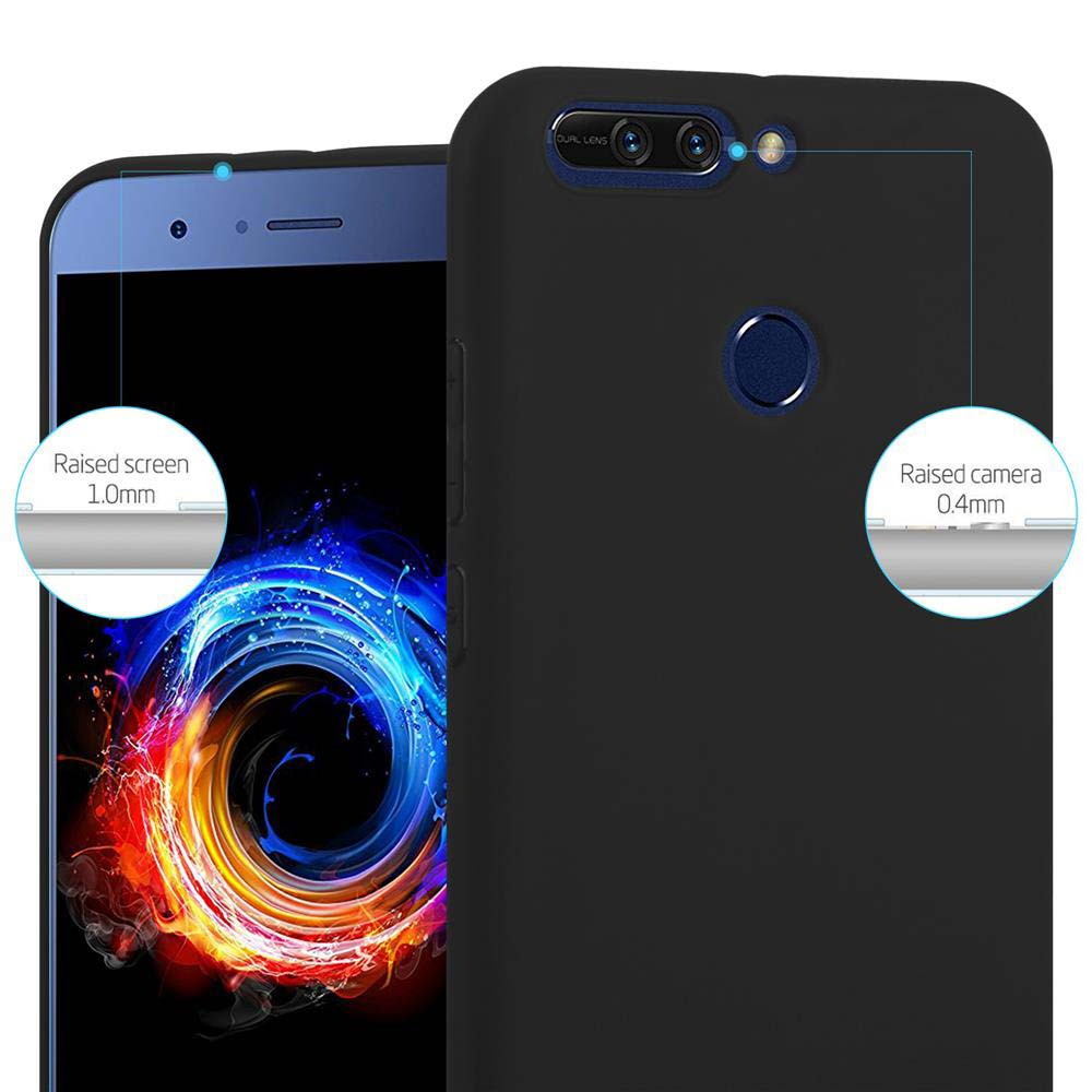 Custodia nera per telefono con telefono all'interno. Mostra schermo e fotocamera rialzati, con misure.
