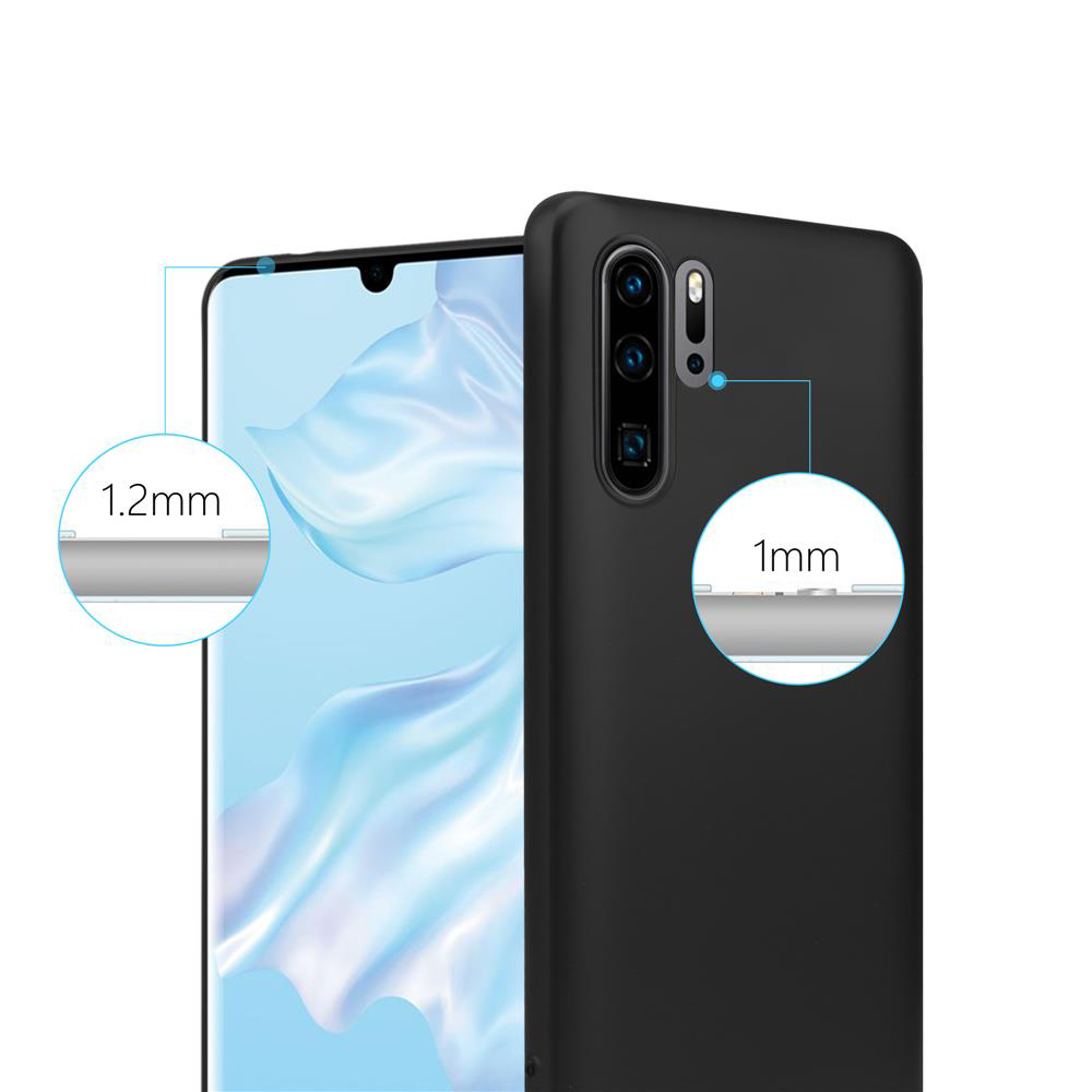 Telefono con custodia nera, mostra un primo piano. La custodia è nera, lo spessore è di 1 mm. Lo schermo è visibile.