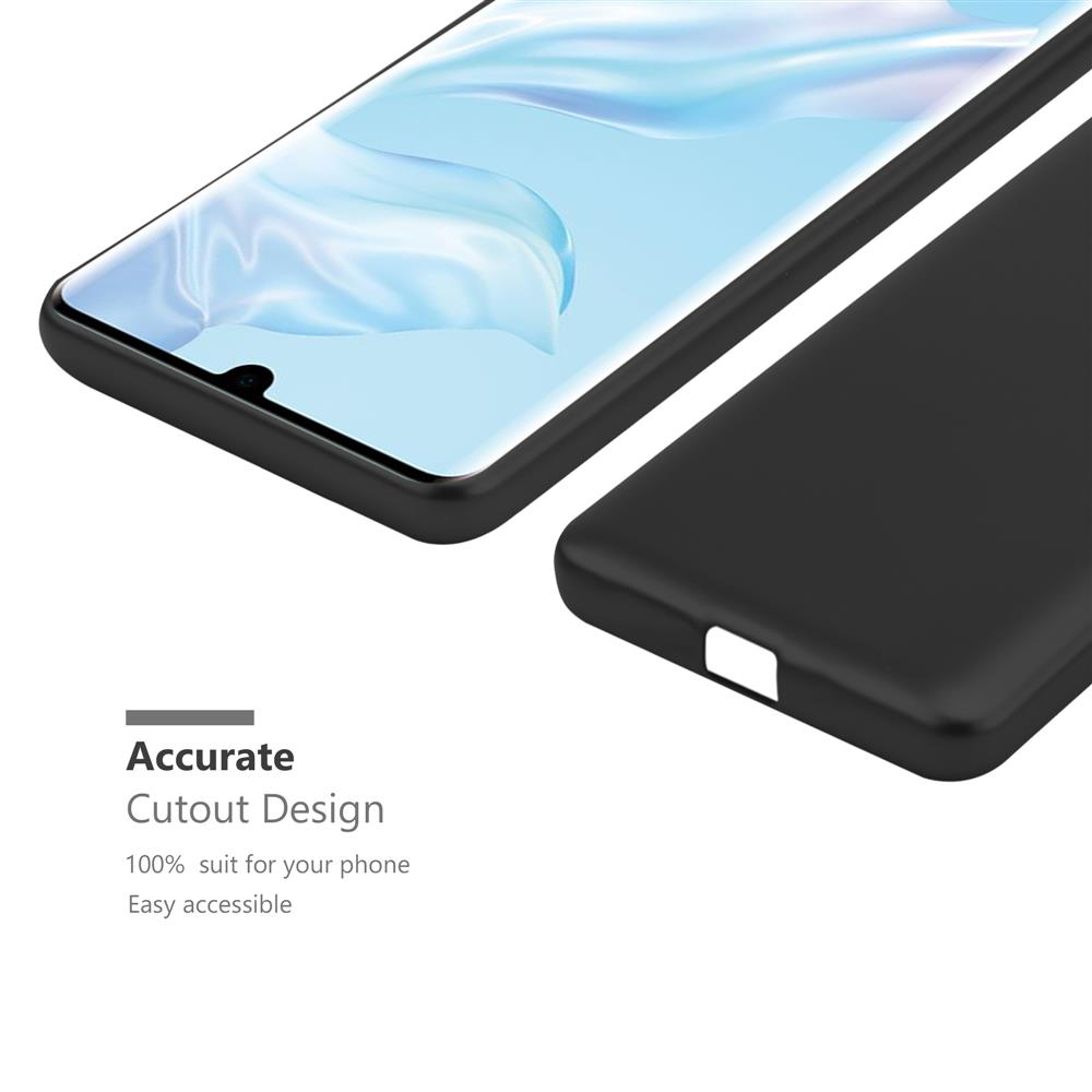 Telefono nero e custodia del telefono. La custodia è aperta, con il testo: Design di ritaglio accurato.