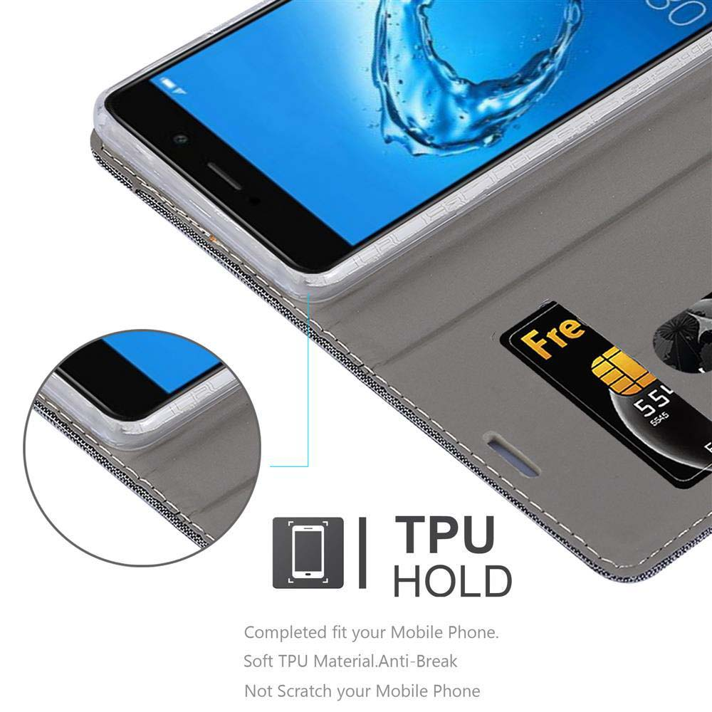 Telefon in einer grauen Hülle, mit Kreditkarte und TPU-Hold-Etikett. Weißer Hintergrund.