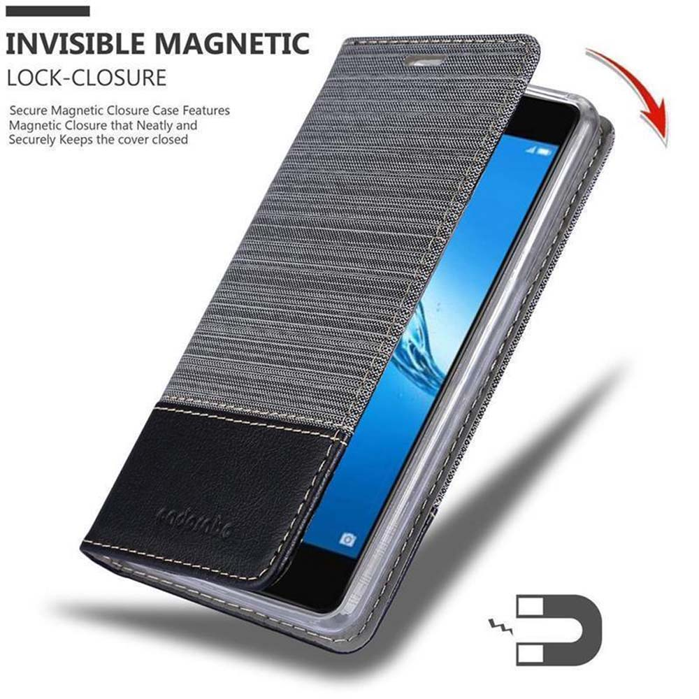 Eine Telefonhülle, offen, mit blauem Bildschirm. Ein roter Pfeil zeigt auf den Magnetverschluss.