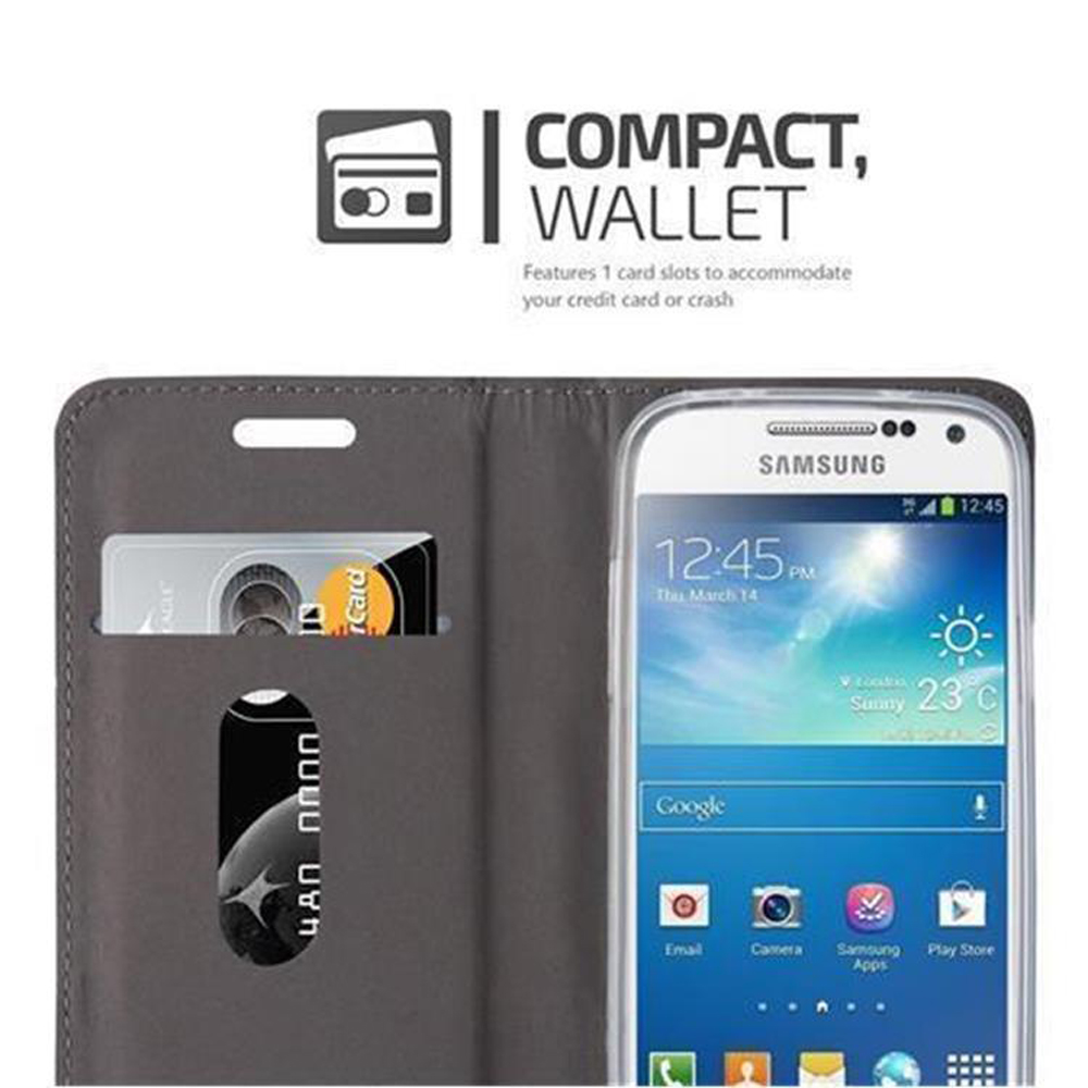 Funda tipo cartera gris para teléfono con un teléfono Samsung dentro. Con ranuras para tarjetas. Texto: Cartera compacta.
