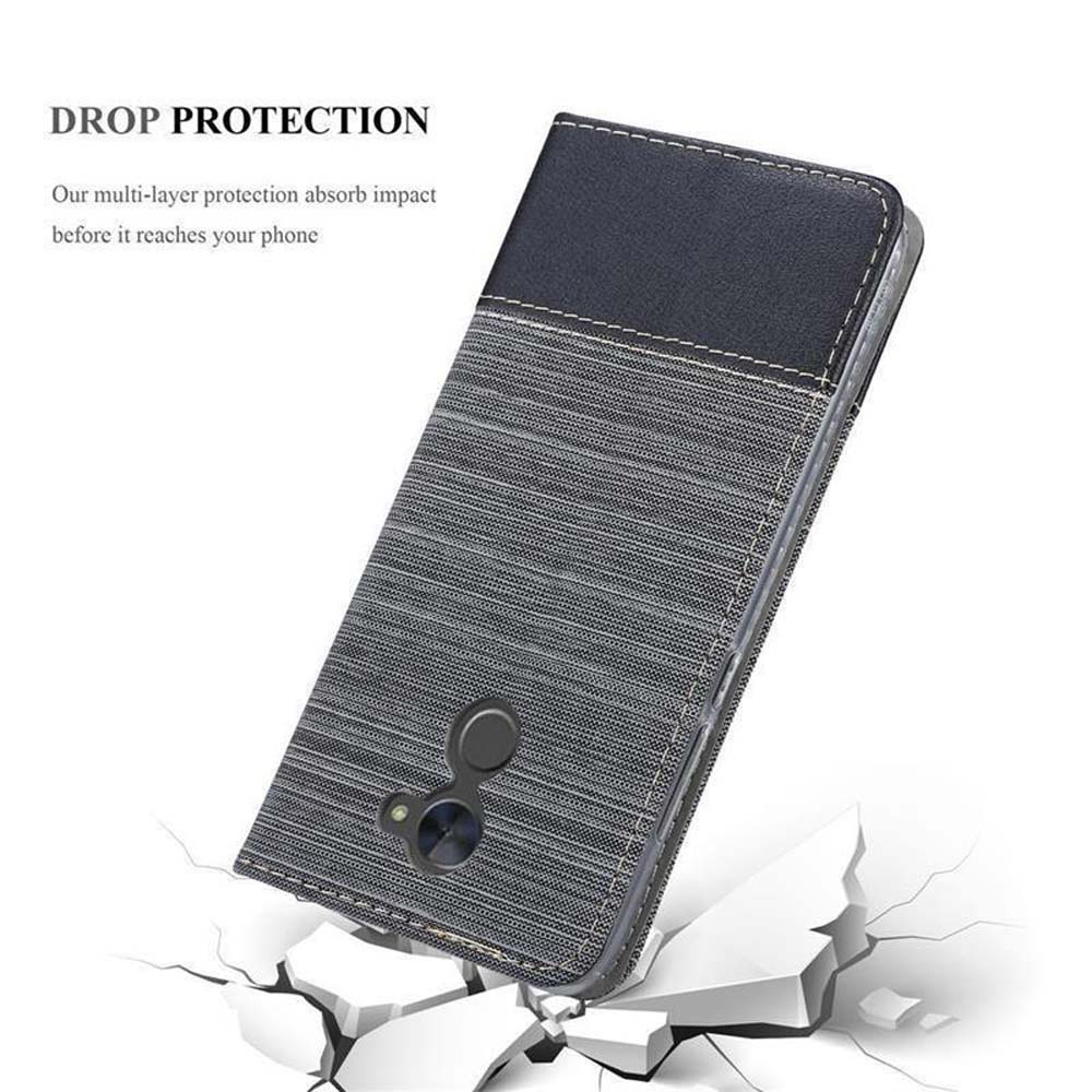Eine grau-schwarze Handyhülle mit einem Telefon. Der Text lautet 'DROP PROTECTION'.
