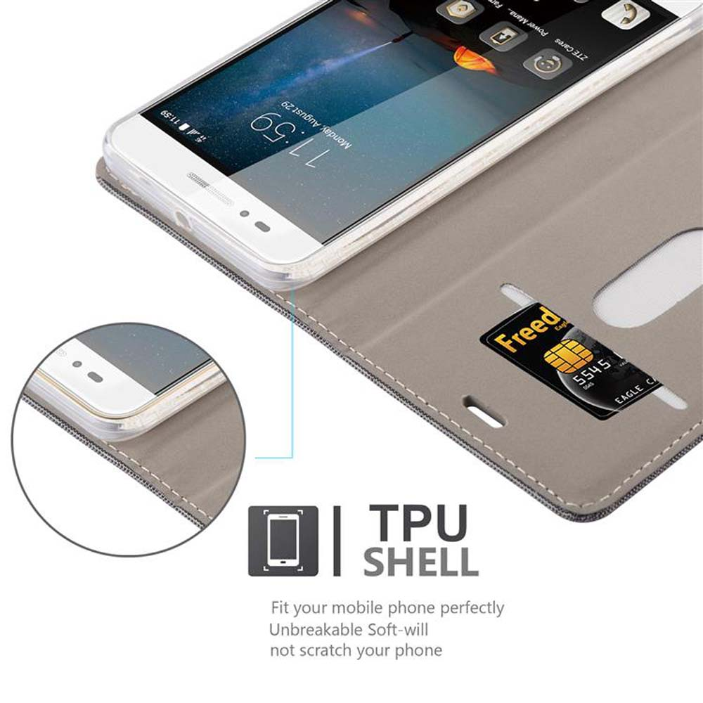 Custodia per telefono, telefono che mostra l'ora e le app. Custodia grigia con slot per schede. Sfondo bianco.