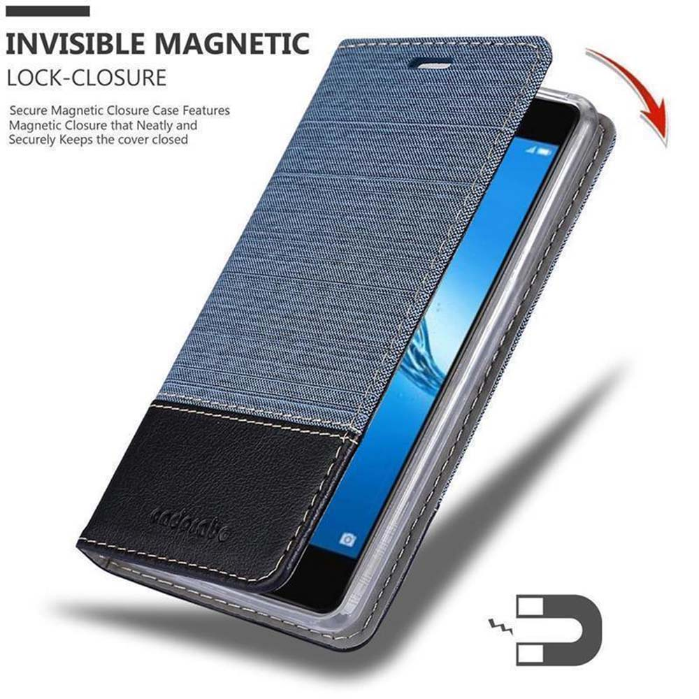 Custodia blu in denim aperta, che rivela un telefono, chiusura magnetica.