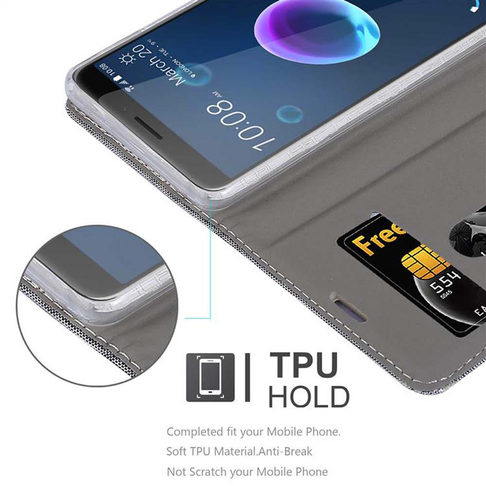 Custodia grigia con telefono, schermo visibile. Fessura per carta di credito visibile.
