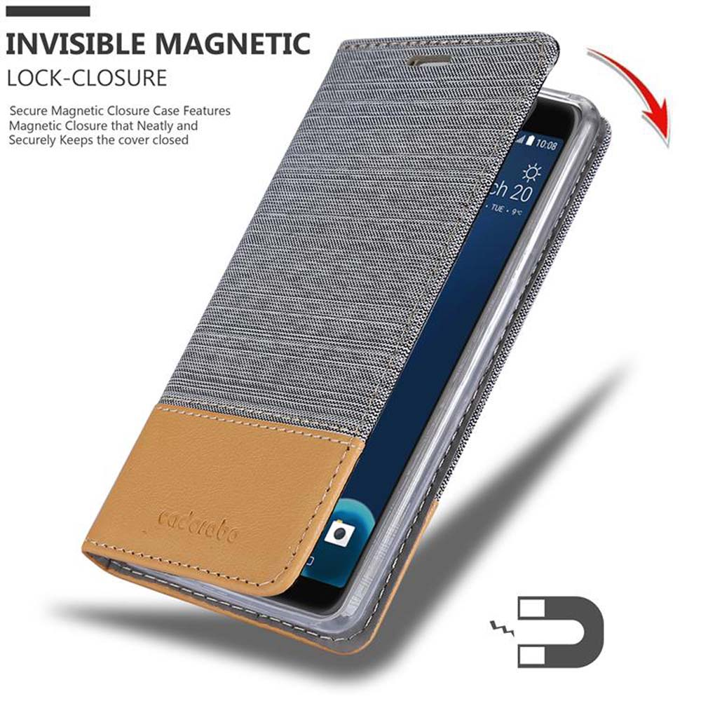 Telefono in custodia, chiuso. Testo 'INVISIBLE MAGNETIC LOCK-CLOSURE'. Custodia con base marrone.