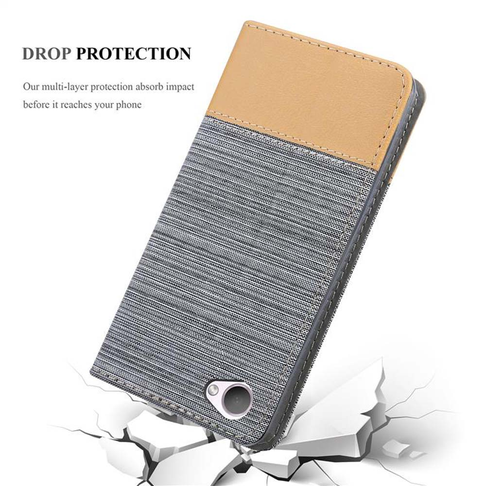 Una custodia per telefono con protezione dalle cadute. La custodia è grigia e beige, con un telefono all'interno e crepe sotto.