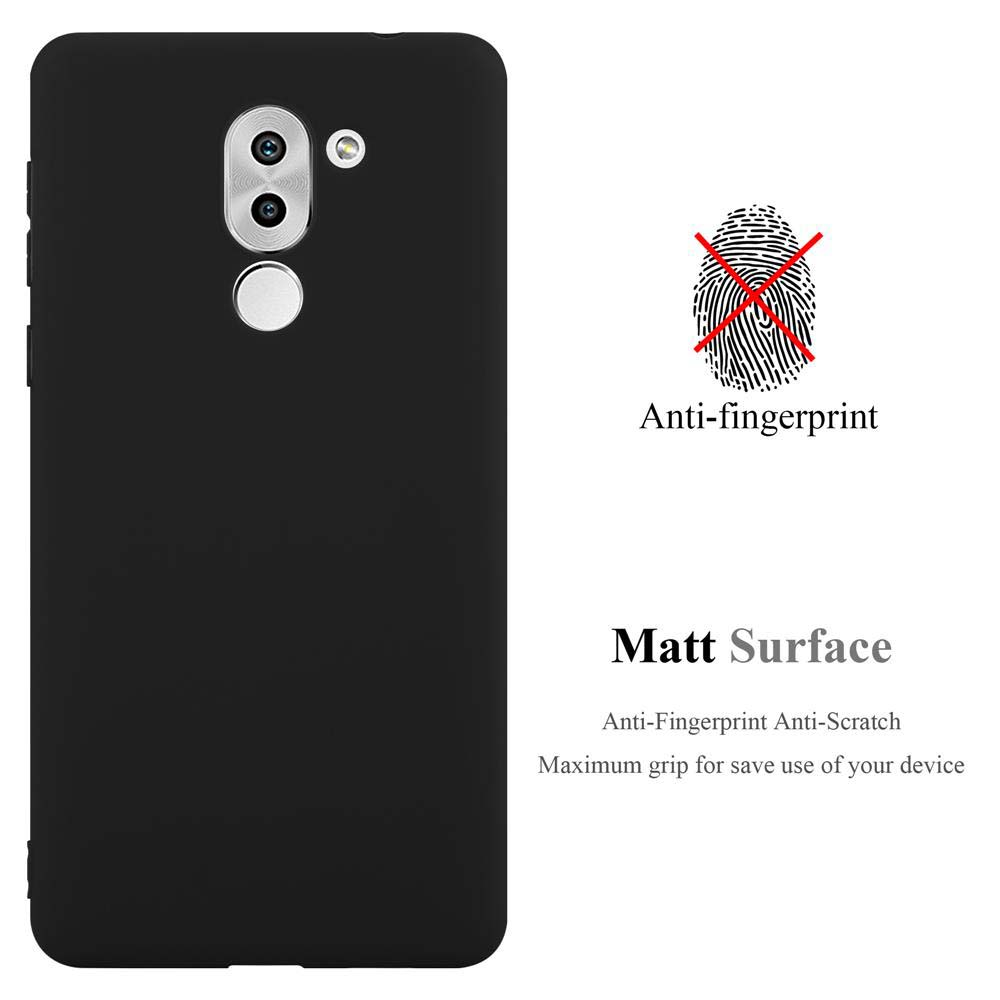 Eine schwarze Handyhülle mit Texten: Anti-Fingerabdruck und matte Oberfläche, Fingerabdruck gekreuzt.