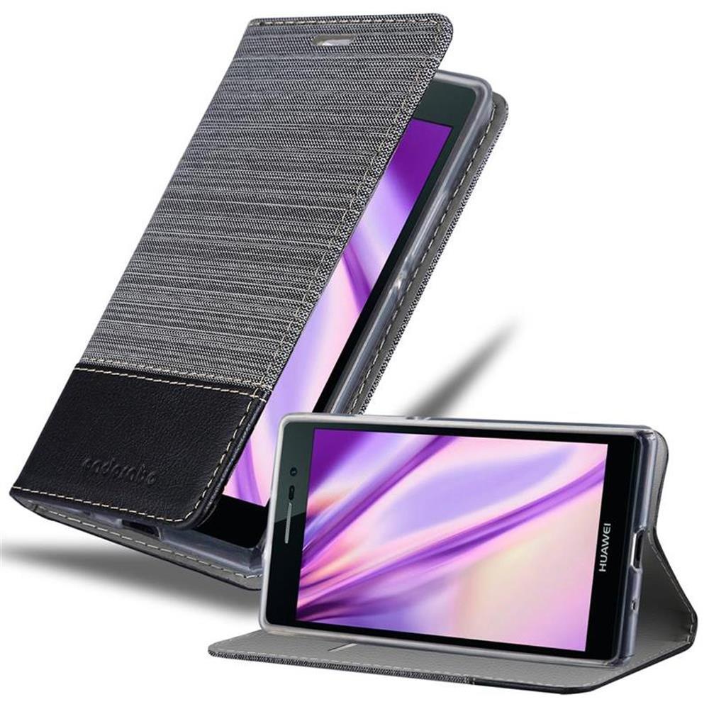 Un teléfono en una funda, con la funda abierta. La funda es gris y negra, la pantalla del teléfono está encendida. El fondo es blanco.
