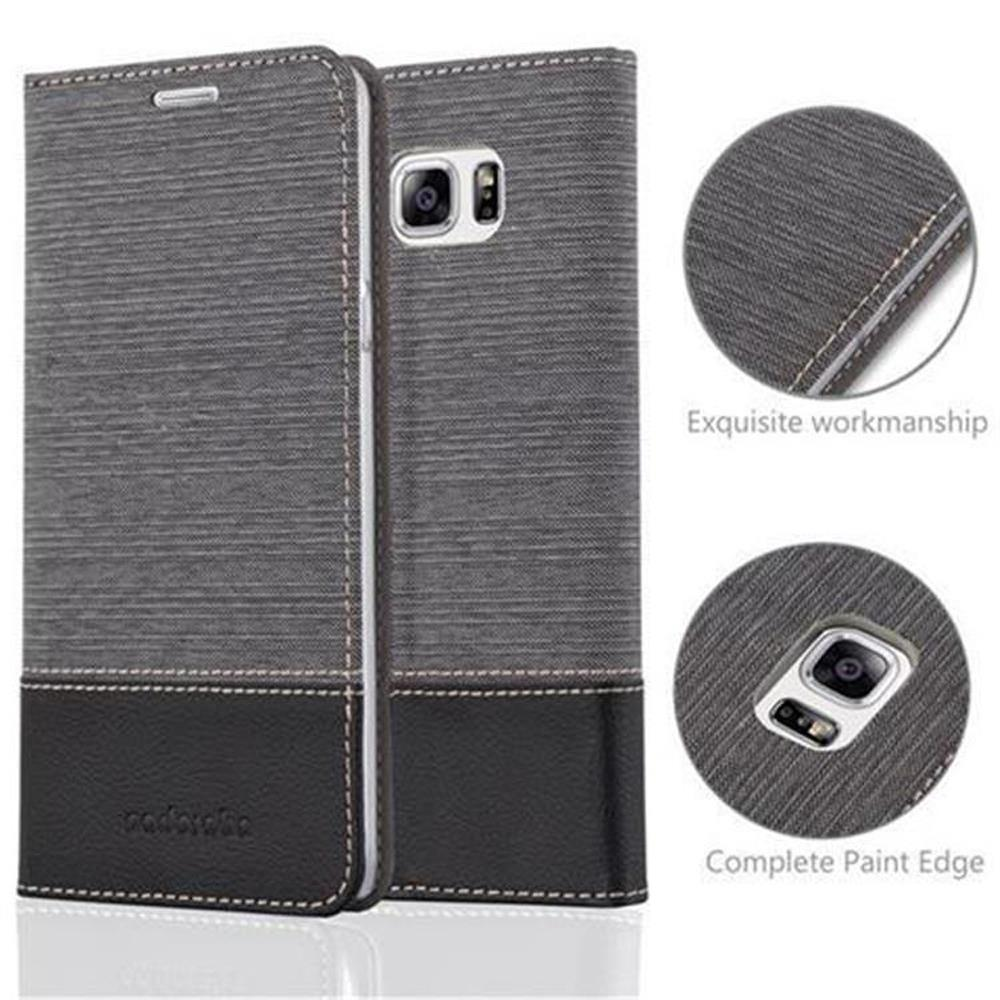 Eine grau-schwarze Handyhülle, offen, zeigt ein Telefon. Details zeigen Nähte und Kante. Exquisite Verarbeitung.
